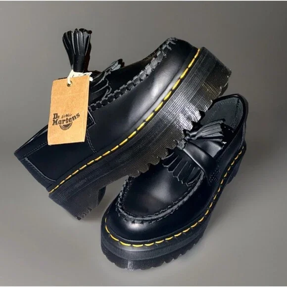 Dr. Martens Adrian Quad Black Leather Platform Tassel Loafers Women's - Picture 2 of 5
